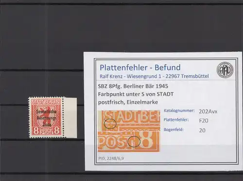 SBZ 1948 PLATTENFEHLER Nr 202Avx F20 postfrisch (219005)