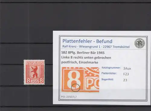 SBZ 1945 PLATTENFEHLER Nr 3Aux F23 postfrisch (219007)