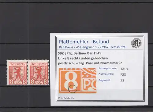 SBZ 1945 PLATTENFEHLER Nr 3Aux F23 postfrisch (219008)