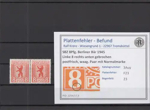 SBZ 1945 PLATTENFEHLER Nr 3Auy F23 postfrisch (219011)