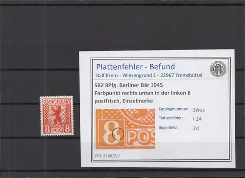 SBZ 1945 PLATTENFEHLER Nr 3Aux F24 postfrisch (219013)