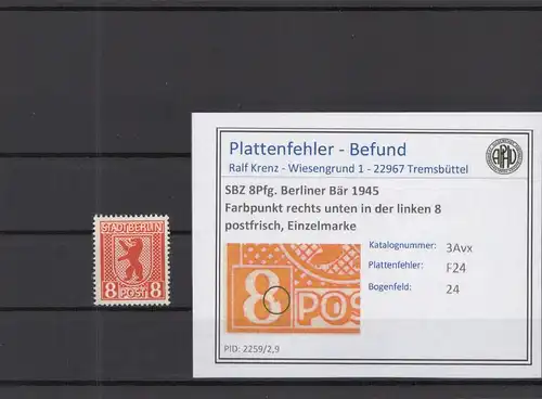 SBZ 1945 PLATTENFEHLER Nr 3Avx F24 postfrisch (219015)