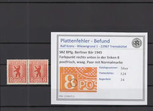 SBZ 1945 PLATTENFEHLER Nr 3Avx F24 postfrisch (219016)