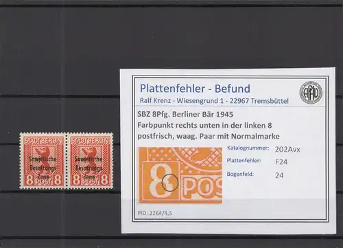 SBZ 1948 PLATTENFEHLER Nr 202Avx F24 postfrisch (219020)