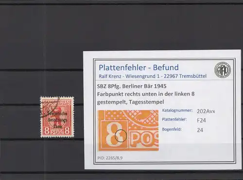 SBZ 1948 PLATTENFEHLER Nr 202Avx F24 gestempelt (219021)