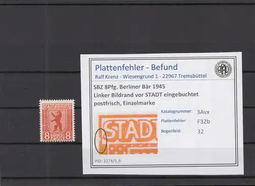 SBZ 1945 PLATTENFEHLER Nr 3Avx F32b postfrisch (219026)