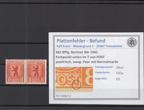 SBZ 1945 PLATTENFEHLER Nr 3Avx F65a postfrisch (219030)