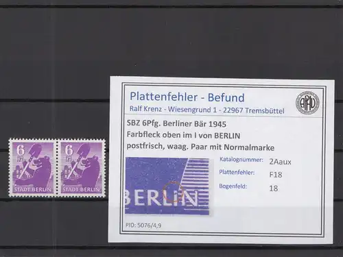 SBZ 1945 PLATTENFEHLER Nr 2Aux F18 postfrisch (219033)