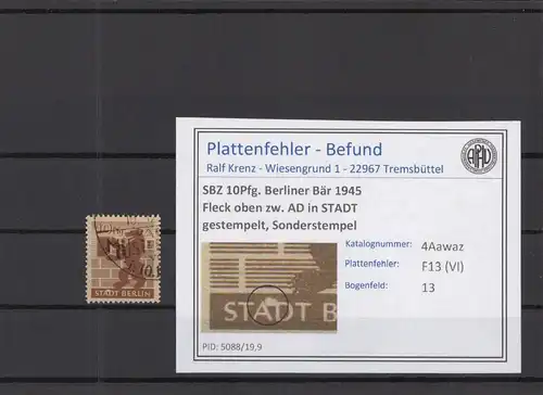 SBZ 1945 PLATTENFEHLER Nr 4Awaz VI gestempelt (219038)