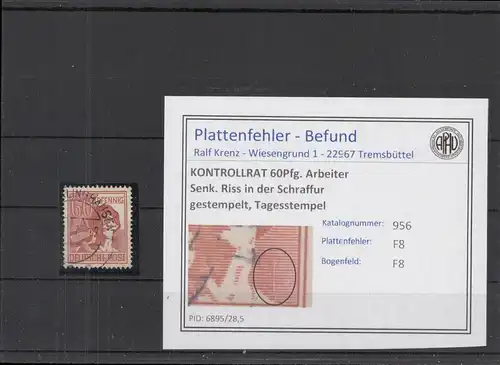 KONTROLLRAT 1947 PLATTENFEHLER Nr 956 F8 gestempelt (219066)