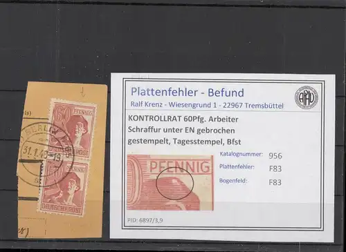 KONTROLLRAT 1947 PLATTENFEHLER Nr 956 F83 gestempelt (219068)