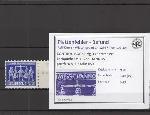 KONTROLLRAT 1948 PLATTENFEHLER Nr 970 IV postfrisch (219098)