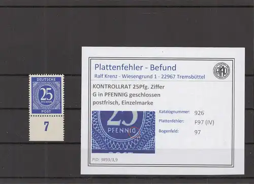 KONTROLLRAT 1947 PLATTENFEHLER Nr 926 IV postfrisch (219128)