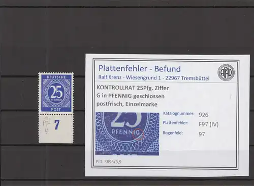 KONTROLLRAT 1947 PLATTENFEHLER Nr 926 IV postfrisch (219129)