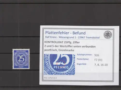 KONTROLLRAT 1947 PLATTENFEHLER Nr 926 III postfrisch (219133)