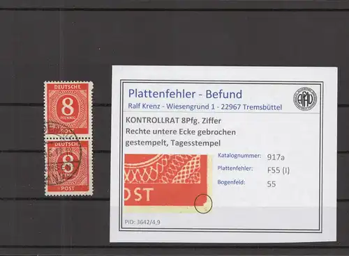 KONTROLLRAT 1947 PLATTENFEHLER Nr 917 I gestempelt (219134)