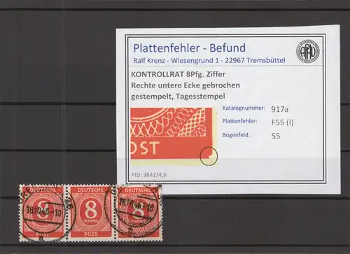 KONTROLLRAT 1947 PLATTENFEHLER Nr 917 I gestempelt (219136)