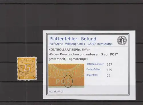 KONTROLLRAT 1946 PLATTENFEHLER Nr 927 F29 gestempelt (219139)