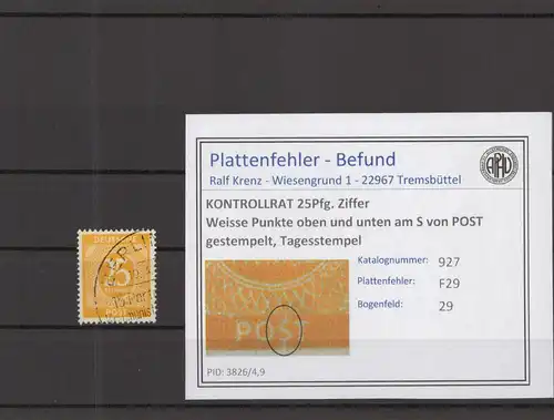 KONTROLLRAT 1946 PLATTENFEHLER Nr 927 F29 gestempelt (219140)