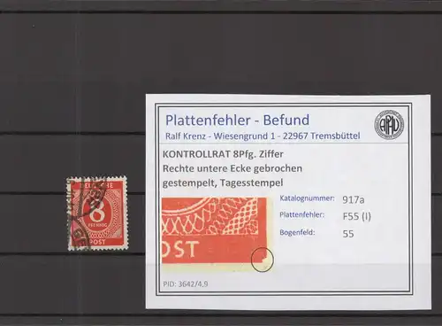 KONTROLLRAT 1947 PLATTENFEHLER Nr 917 I gestempelt (219144)