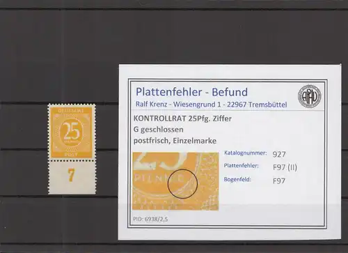 KONTROLLRAT 1947 PLATTENFEHLER Nr 927 II postfrisch (219149)