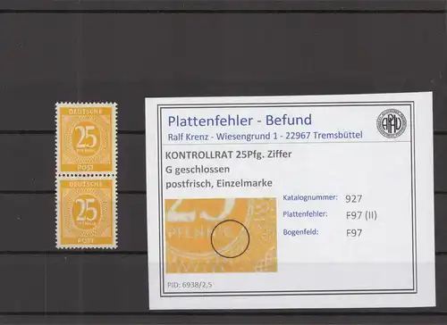 KONTROLLRAT 1947 PLATTENFEHLER Nr 927 II postfrisch (219150)