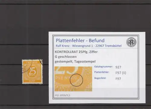KONTROLLRAT 1947 PLATTENFEHLER Nr 927 II gestempelt (219151)