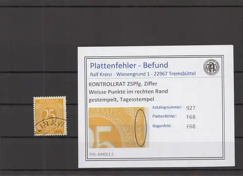 KONTROLLRAT 1946 PLATTENFEHLER Nr 927 F68 gestempelt (219152)