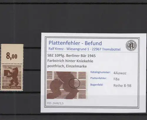SBZ 1945 PLATTENFEHLER Nr 4Awaz F8a postfrisch (219180)