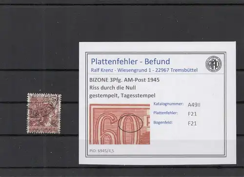 BIZONE 1948 PLATTENFEHLER Nr A49II F21 gestempelt (219187)