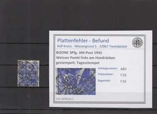 BIZONE 1948 PLATTENFEHLER Nr 48II F16 gestempelt (219191)
