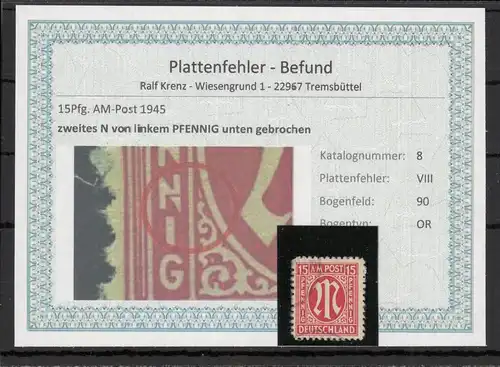 BIZONE 1948 PLATTENFEHLER Nr 8VIII gestempelt (220119)