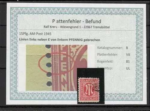 BIZONE 1948 PLATTENFEHLER Nr 8VII gestempelt (220123)
