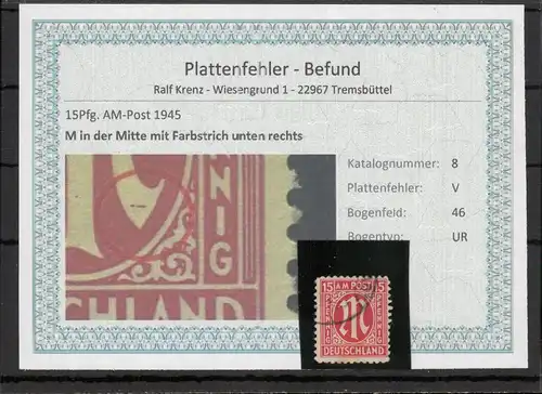 BIZONE 1948 PLATTENFEHLER Nr 8V gestempelt (220126)