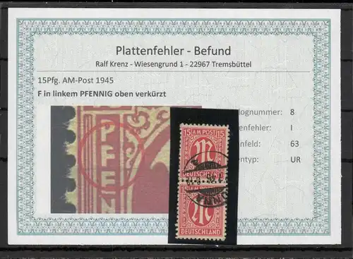 BIZONE 1948 PLATTENFEHLER Nr 8I gestempelt (220131)