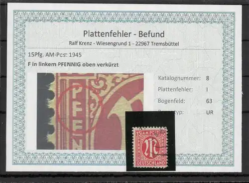 BIZONE 1948 PLATTENFEHLER Nr 8I gestempelt (220135)