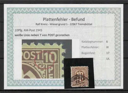 BIZONE 1948 PLATTENFEHLER Nr 6III gestempelt (220137)