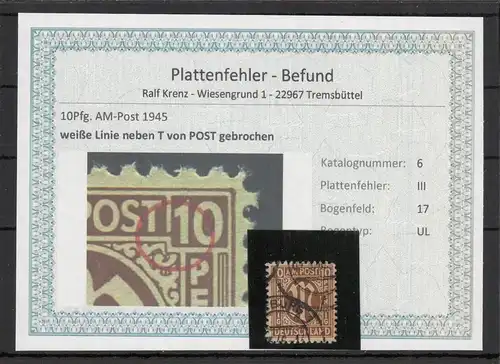BIZONE 1948 PLATTENFEHLER Nr 6III gestempelt (220139)