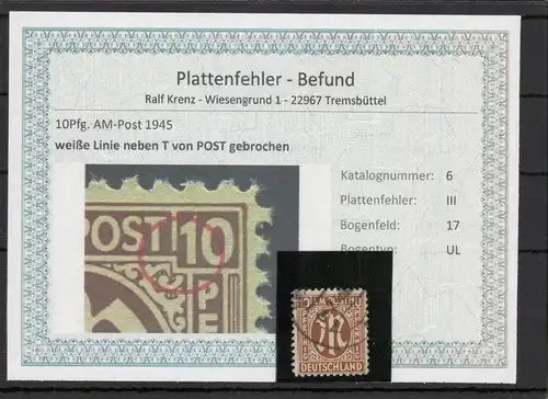 BIZONE 1948 PLATTENFEHLER Nr 6III gestempelt (220140)