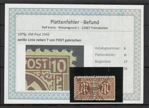 BIZONE 1948 PLATTENFEHLER Nr 6III gestempelt (220141)