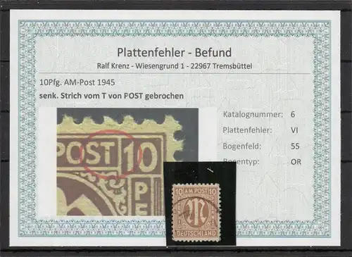 BIZONE 1948 PLATTENFEHLER Nr 6VI gestempelt (220144)