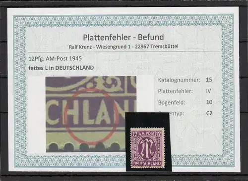 BIZONE 1948 PLATTENFEHLER Nr 15IV gestempelt (220148)