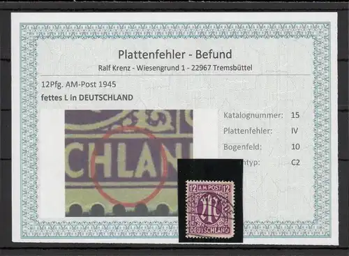 BIZONE 1948 PLATTENFEHLER Nr 15IV gestempelt (220149)