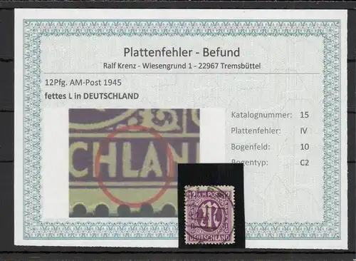 BIZONE 1948 PLATTENFEHLER Nr 15IV gestempelt (220150)