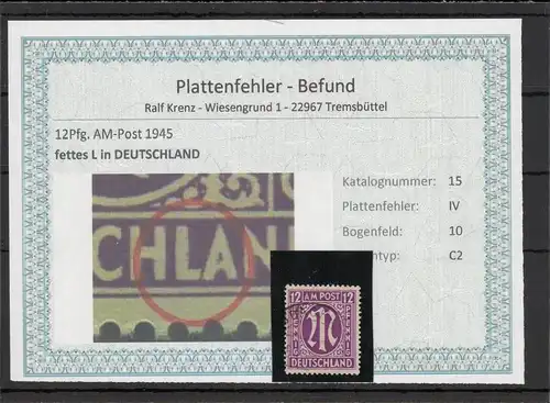 BIZONE 1948 PLATTENFEHLER Nr 15IV gestempelt (220151)