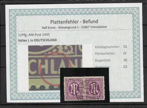 BIZONE 1948 PLATTENFEHLER Nr 15IV gestempelt (220152)