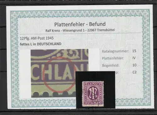 BIZONE 1948 PLATTENFEHLER Nr 15IV gestempelt (220154)