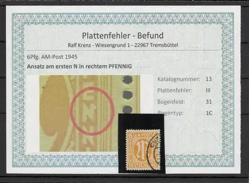 BIZONE 1948 PLATTENFEHLER Nr 13III gestempelt (220158)
