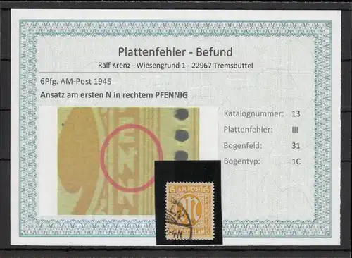 BIZONE 1948 PLATTENFEHLER Nr 13III gestempelt (220159)