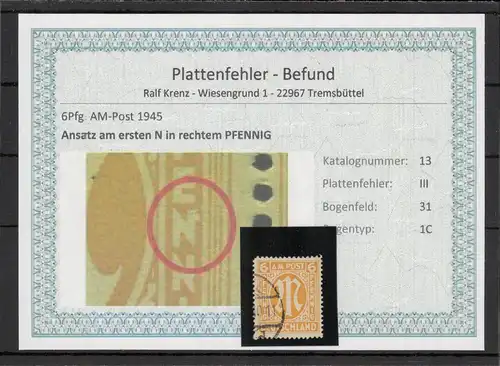 BIZONE 1948 PLATTENFEHLER Nr 13III gestempelt (220162)